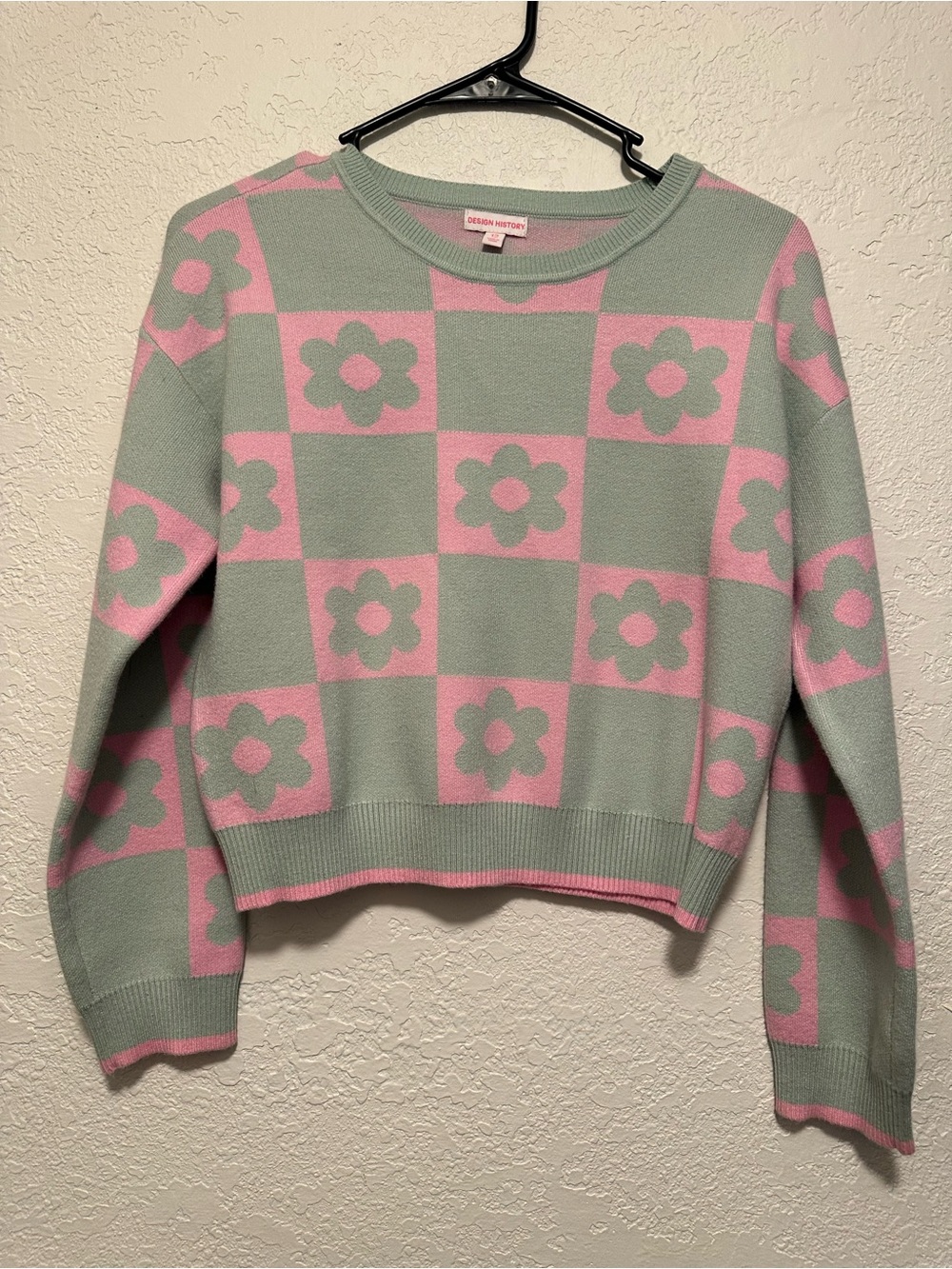 Design History Mint and Pink Floral Checker Crewneck Sweater